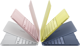 Pootevřené notebooky MacBook Neo ve stříbrné, ruměné, citrusově žluté a indigu, svým uspořádáním vytvářejí oblouk
